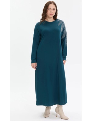 Kado Moda Kado Online Taş Detaylı Rahat Kalıp Uzun Kadın Elbise