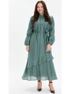 Kado Moda Kado Online Kemer Detaylı Fırfırlı Uzun Elbise