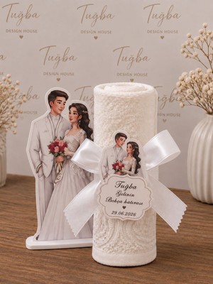 Tuğba Design House Kişiye Özel Gelin Damat Figürlü Kartlı Havlu Bohça Hediyeliği 20 Adet