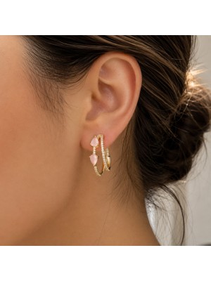 Hotchic Hotchıc Luna Pembe Taşlı Gold Halka Çelik Küpe