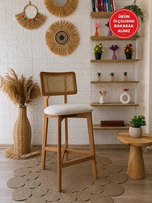 Silla Zion Teddy Krem Kumaş Bar Sandalyesi Modern Tasarım Hasırlı Naturel Ahşap 1 Parça