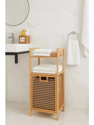 Empressco Bambu Çamaşır Sepeti ve Raflı Banyo Düzenleyici – Kapaklı Kirli Çamaşır Sepeti Dolabı