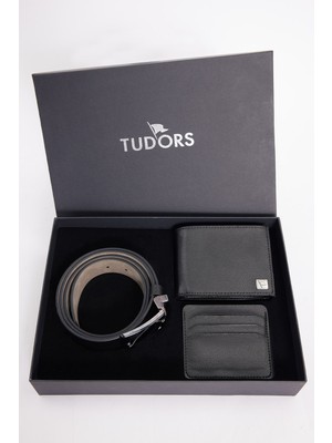 Tudors Özel Kutulu Erkek 3'lü Set Hediyelik - Çeyizlik - Cüzdan, Kartlık ve Kemer Seti