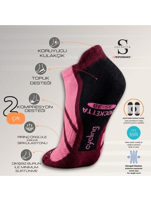 Socketta 2'li Siyah/fuşya Üniseks Dikişsiz Esnek Hafif Anatomik Patik Bisiklet Çorabı - Premium