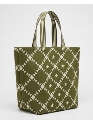 Qoolest Kadın Geometrik Desenli Büyük Boy Shopper Omuz Çantası Çizgili Saplı Tote Çanta
