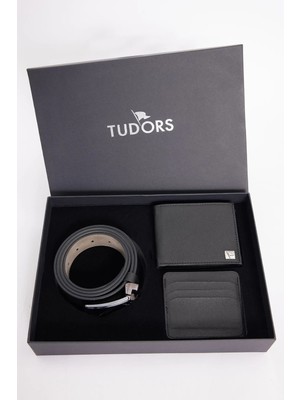 Tudors Özel Kutulu Erkek 3'lü Set Hediyelik - Çeyizlik - Cüzdan, Kartlık ve Kemer Seti
