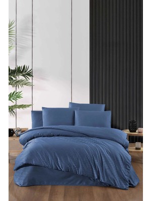 Universal Stripe Saten Line Çift Kişilik Nevresim Takımı  Indigo