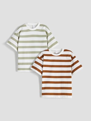 LC Waikiki Lcw Kids Kahverengi Bisiklet Yaka Çizgili Erkek Çocuk Tişört 2'li