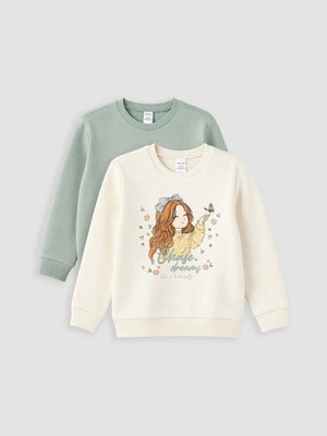 LC Waikiki Lcw Kids Ekru Baskılı Kız Çocuk Kalın Sweatshirt 2'li