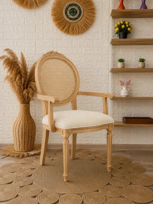 Silla Kollu Madalyon Sandalye Teddy Krem Kumaş Oymalı Hasırlı Naturel Ahşap Sandalye