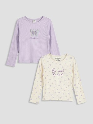 LC Waikiki Lcw Kids Lila Bisiklet Yaka Nakışlı Kız Çocuk Tişört 2'li