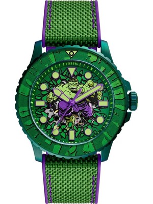 Fossil FLE1246SET Marvel x Fossil Limited-Edition Incredible Hulk Erkek Kol Saati ve Yaka Iğnesi Seti