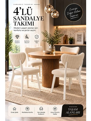 Formet Luxury Sandalye Krem Kumaş Beyaz Ayak 4 Adet