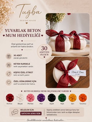 Tuğba Design House Kişiye Özel Yuvarlak Beton Mum Hediyeliği Etiketli Nişan Nikah Söz Hediyesi 30 Adet