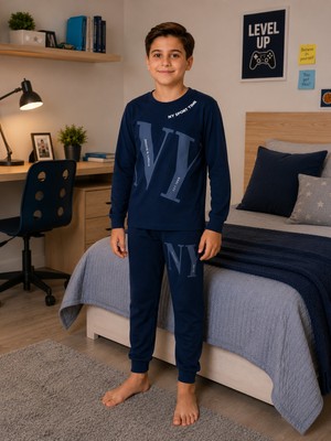 Formo Erkek Çocuk %100 Doğal Pamuk Manşet Paça Uzun Kollu Pijama Takımı
