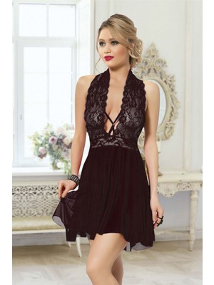 İlkyaz Fashion Kadın Siyah Çapraz Bağlı Kısa Tül Dantel Gecelik RSIMD-ILKYZ34
