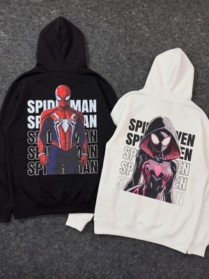 Macklin Sevgili - Arkadaş Çift Kombini Spider Man And Gwen Çift Sırt Baskılı Özel Tasarım Kapüşonlu Sweatshirt 2li Takım