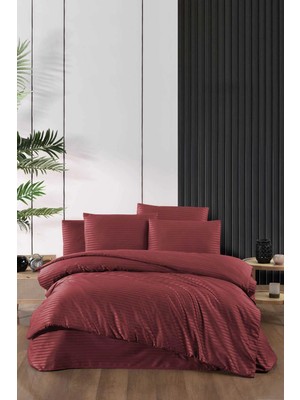 Universal Stripe Saten Line Çift Kişilik Nevresim Takımı Bordo