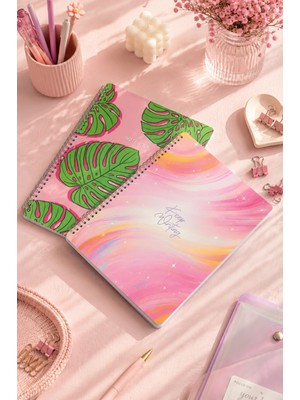 Dival Notebook A4 Spiralli Karton Kapak Çift Yönlü 2’li Set Kareli Not Okul Defteri - Pembe Yeşil