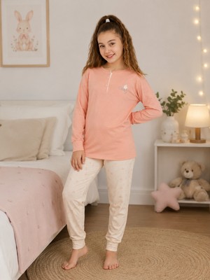 Formo Kız Çocuk %100 Doğal Pamuk Manşet Paça Uzun Kollu Pijama Takımı