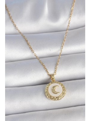 Uslucan Alışveriş 316L Çelik Gold Renk Zincir Beyaz Mineli Hilal Işlemeli Madalyon Model Kadın Kolye - TJ-BKO10035
