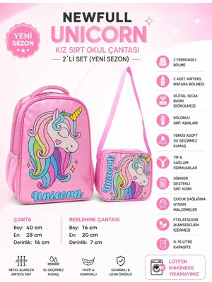 Newfull Unicorn Baskılı Kız Sırt Okul Çantası-2'li Set  (Yeni Sezon)