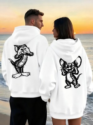 Macklin Sevgili - Arkadaş Çift Kombini Tom ve Jerry Sırt Baskılı Özel Tasarım Kapüşonlu Sweatshirt 2li Takım