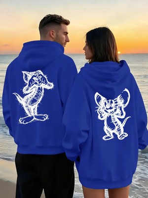 Macklin Sevgili - Arkadaş Çift Kombini Tom ve Jerry Sırt Baskılı Özel Tasarım Kapüşonlu Sweatshirt 2li Takım