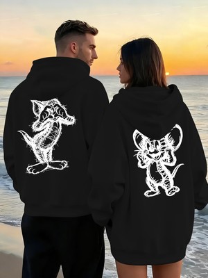 Macklin Sevgili - Arkadaş Çift Kombini Tom ve Jerry Sırt Baskılı Özel Tasarım Kapüşonlu Sweatshirt 2li Takım