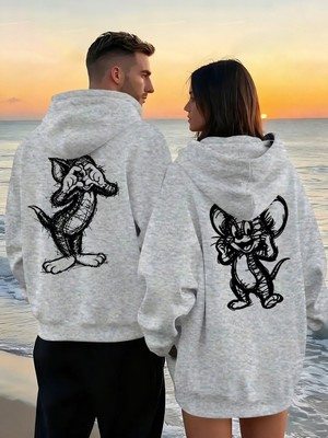Macklin Sevgili - Arkadaş Çift Kombini Tom ve Jerry Sırt Baskılı Özel Tasarım Kapüşonlu Sweatshirt 2li Takım