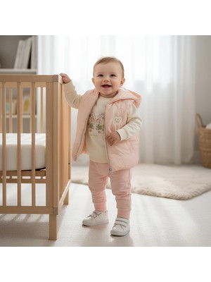Modanua Kız Bebek Kapüşonlu Yelekli Kelebek Baskılı Sweatshirt Eşofman 3'lü Takım