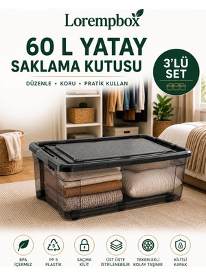 Lorempbox 60 L Yatay Tekerlekli Saklama Kutusu 3’lü Set – Kilitli Kapaklı, Istiflenebilir, Baza ve Yatak Altı Düzenleyici
