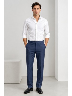 Bihan Store Erkek Kuşgözü Desenli Yün Karışımlı Kumaş Pantolon Pileli & Pilesiz 009-MAVI