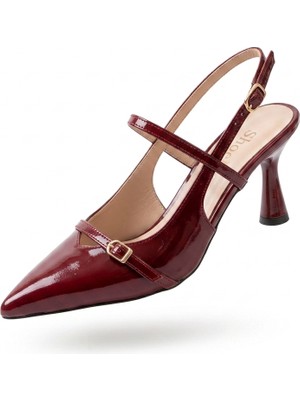 Zerenyus ZRİN-6722 Premium Bordo Rugan Toka Detaylı Sivri Burun Kadın Topuklu Ayakkabı 8,5 cm