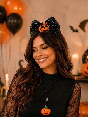 Parti Adresi Cadılar Bayramı Fiyonk Taç Balkabağı Kolye Set Halloween Parti Aksesuarı 