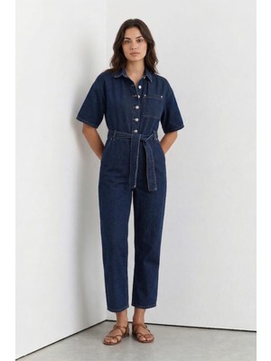 Banny Jeans Kadın Yarasa Kol Jean Tulum Rins Lacivert Pamuk Truvakar Kol Özellikli