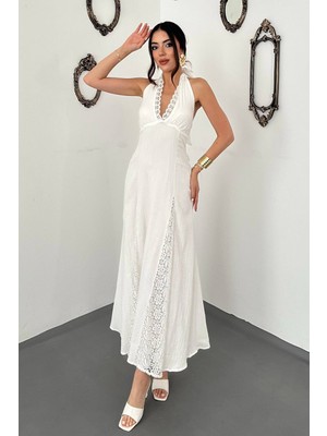 Moda Days Kadın Beyaz Halter Yaka Dantel Detaylı Bağlamalı Astarlı Maxi Elbise