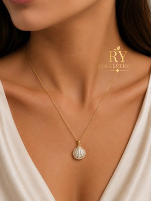 Ry Collections Stainless Steel Zirkon Taş Detaylı Gold Incili Istiridye Çelik Bayan Kolyesi