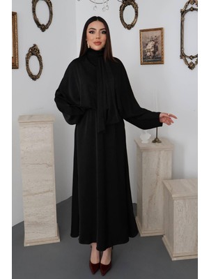 Moda Days Kadın Siyah Jakarlı Saten Elbise Dik Yaka Yarasa Kol Lastikli Bel Maxi