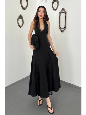 Moda Days Kadın Siyah Halter Yaka Dantel Detaylı Bağlamalı Astarlı Maxi Elbise