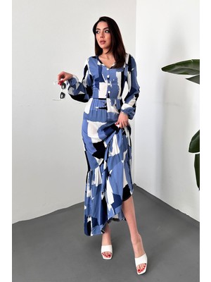 Moda Days Kadın Mavi Desenli V Yaka Düğmeli Uzun Kollu Büzgülü Bel Maxi Elbise