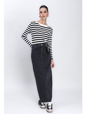 Moda Days Kadın Siyah Uzun Denim Kalem Etek Arka Yırtmaçlı Cepli Düğme Detaylı