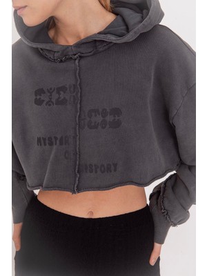 Moda Days Kadın Antrasit Kapüşonlu Baskılı Oversize Crop Uzun Kollu Pamuklu Sweatshirt