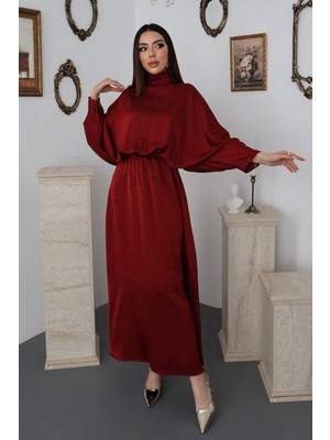 Moda Days Kadın Bordo Jakarlı Saten Elbise Dik Yaka Yarasa Kol Lastikli Bel Maxi