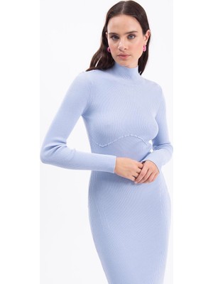 Moda Days Kadın Mavi Dik Yaka Fitilli Triko Kalem Midi Uzun Kollu Elbise