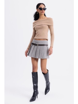 Moda Days Kadın Gri Ekose Kemerli Çift Pilili Mini Dokuma Günlük Etek
