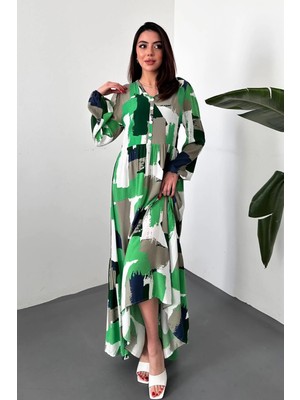 Moda Days Kadın Yeşil Desenli V Yaka Düğmeli Uzun Kollu Büzgülü Bel Maxi Elbise