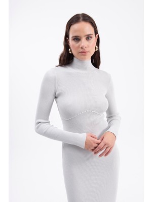 Moda Days Kadın Gri Dik Yaka Fitilli Triko Kalem Midi Uzun Kollu Elbise