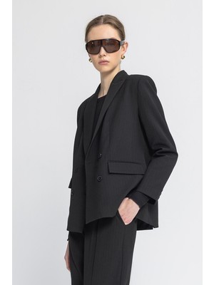 Moda Days Kadın Siyah Blazer Ceket Kruvaze Düğmeli Çizgili Klasik Yaka