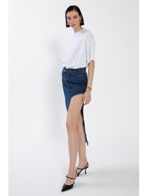 Moda Days Kadın Mavi Denim Etek Yüksek Bel Asimetrik Cut Out Detaylı Midi
